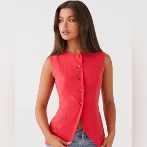 Peppermayo born for bordeaux linen vest poppy red Vibrant Red Button-Down size 4